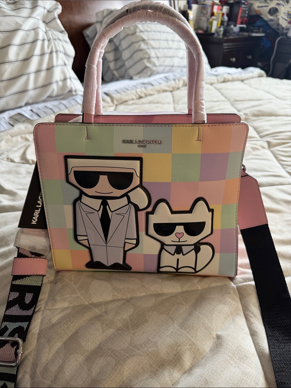 Karl Lagerfeld Multicolor Pastel Check Tote with Cartoon Patch